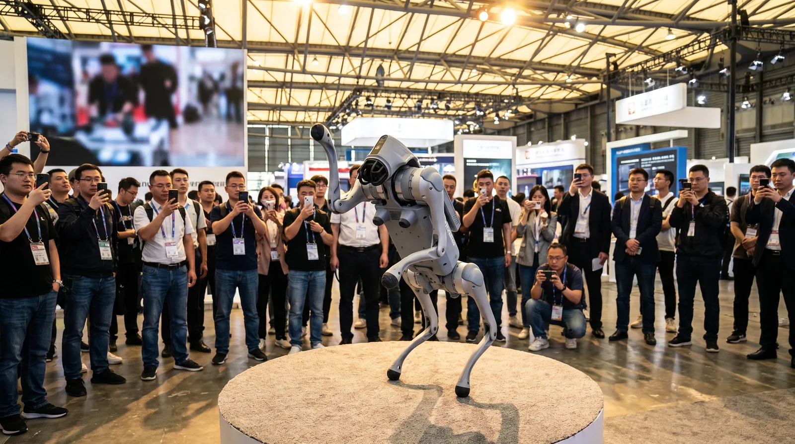 Go2 стоит на задних лапах на подиуме выставки, вокруг посетители